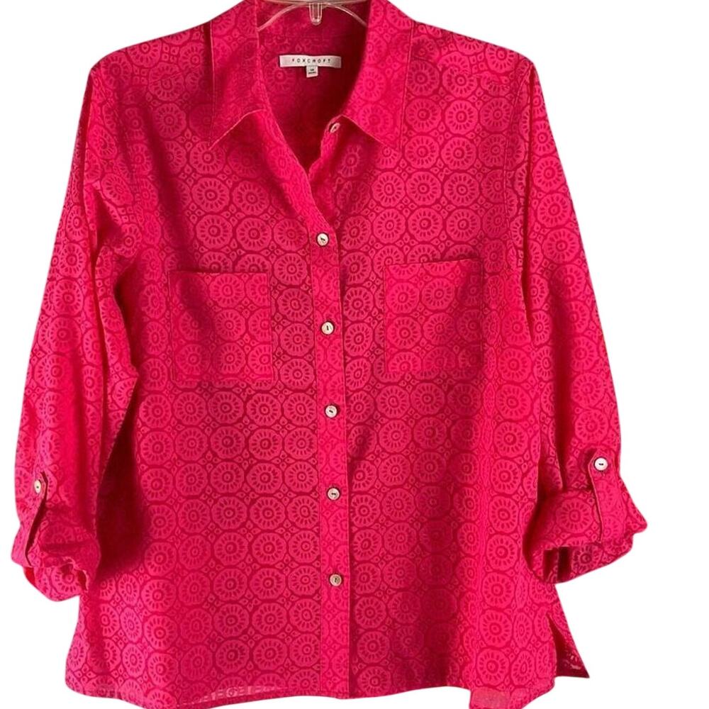 Foxcroft Semi Sheer  Button Down Shirt Pink Size 14 Shaped Fit Roll Tab Sleeves
